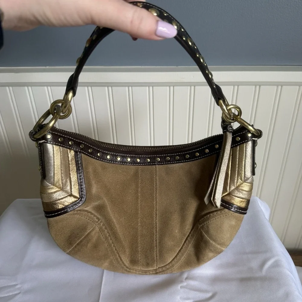 Vintage Coach Brown Tan Suede Small Hobo Shoulder Bag Purse Metallic Accents